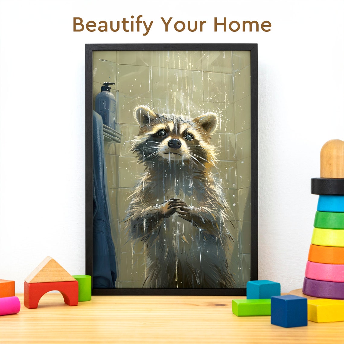 Wet Raccoon Taking a Shower Funny Bathroom Animal Portrait Poster - Image 3