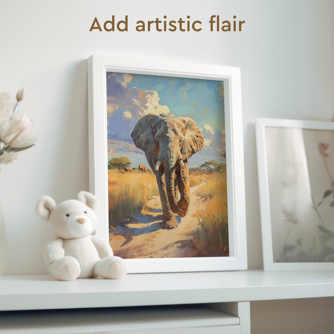 African Elephant Walking Toward You on a Savannah Oil Painting Poster - Image 2