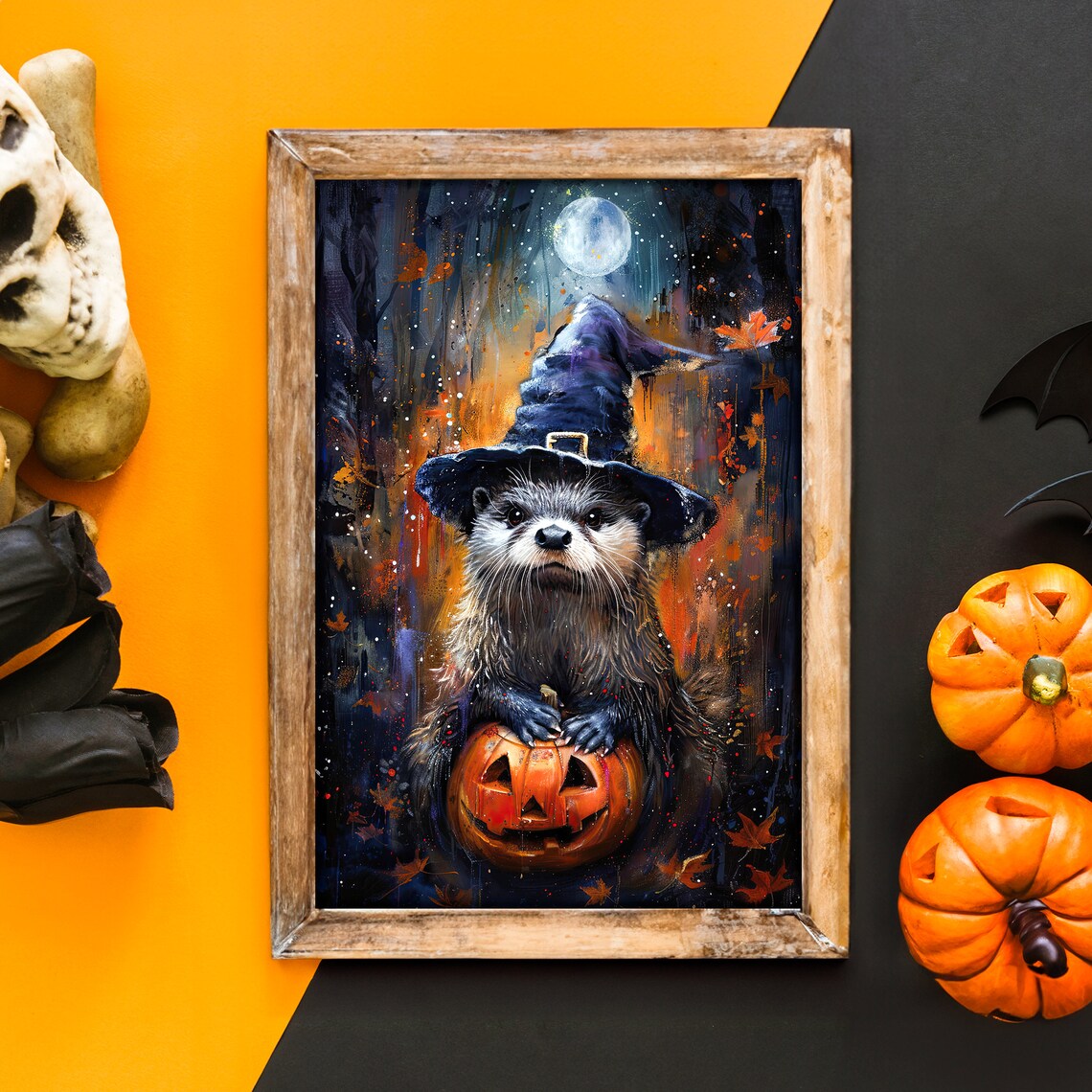 Witch Hat Sea Otter Halloween Poster, Dark Academia
