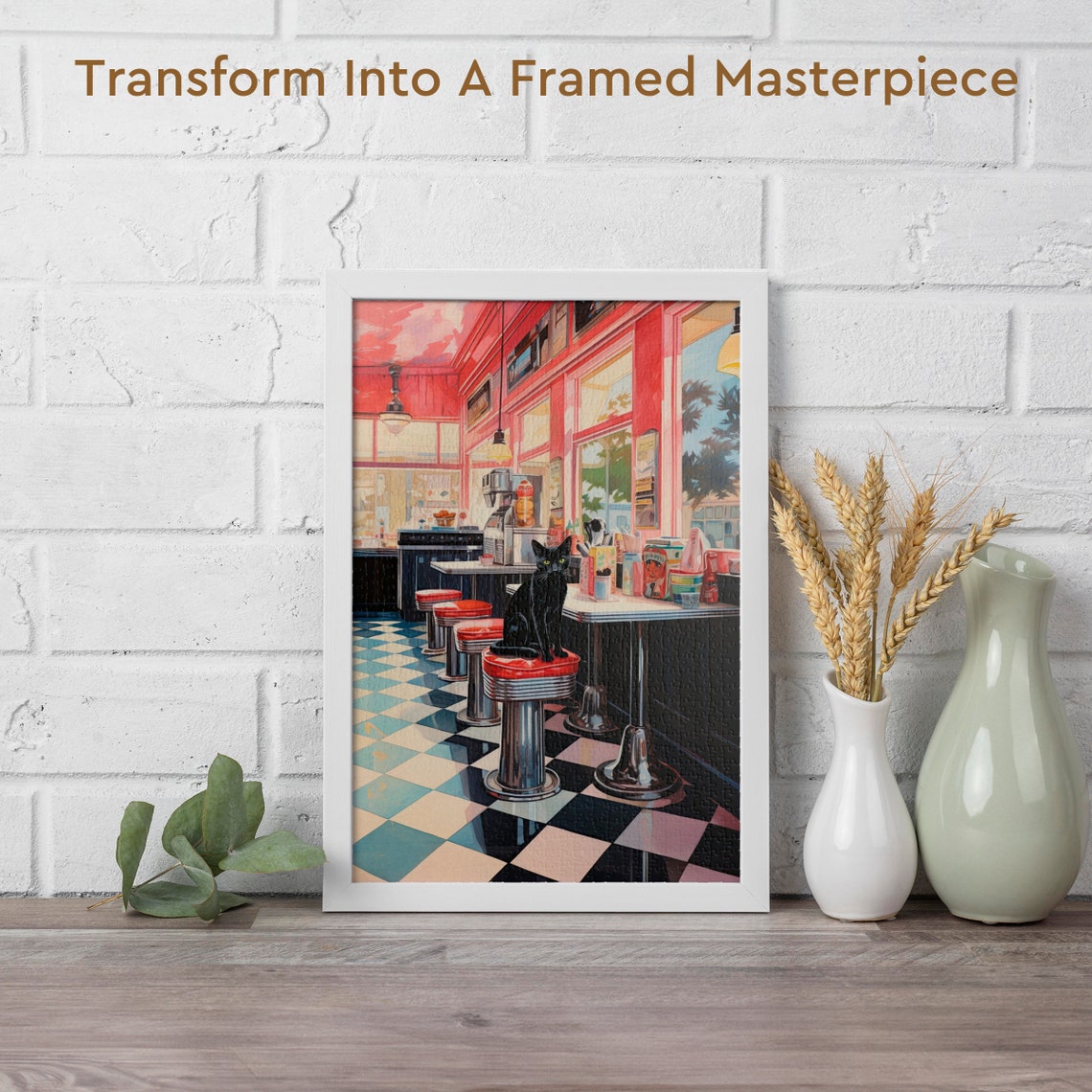 Black Cat Sitting on a Stool in a Retro 1950s Diner Painting Poster - Image 2