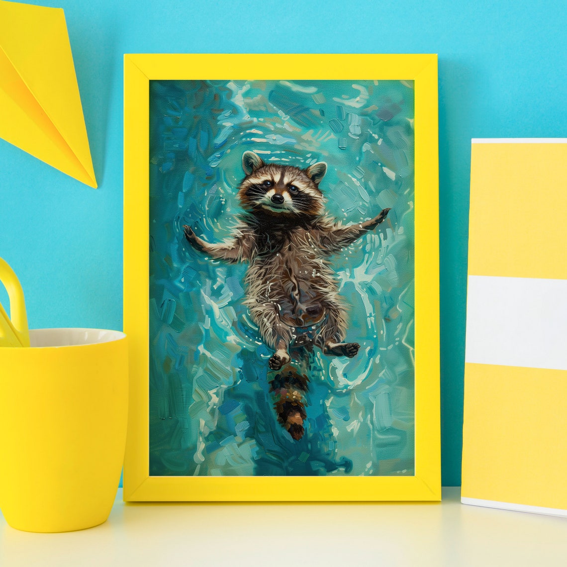 Raccoon Floating on Its Back in a Turquoise Swimming Pool Poster