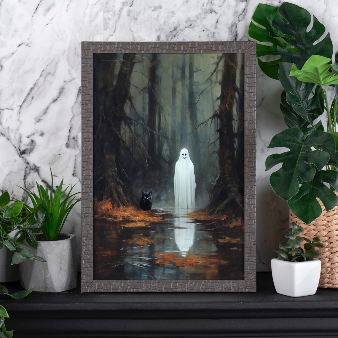 Smiling Ghost Black Cat Misty Autumn Forest Oil Painting Style Poster