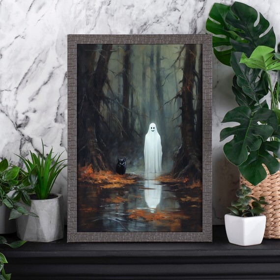Smiling Ghost Black Cat Misty Autumn Forest Oil Painting Style Poster