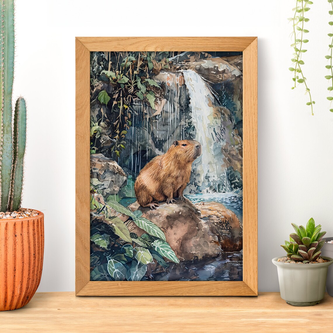 Tropical Rainforest Waterfall Capybara Watercolor Poster