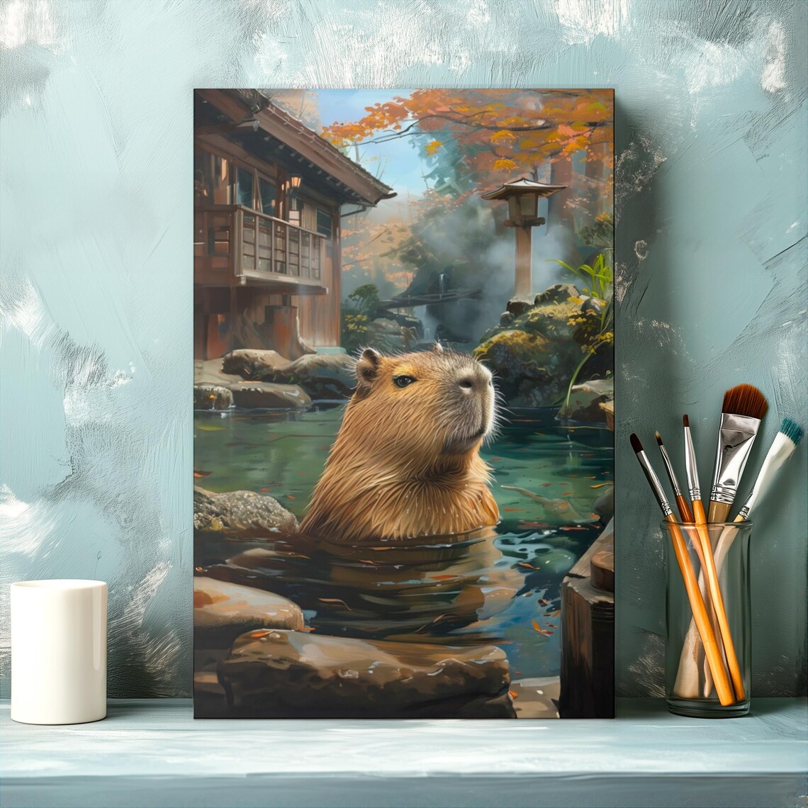 Japanese Hot Spring Capybara, Funny Onsen Art Print