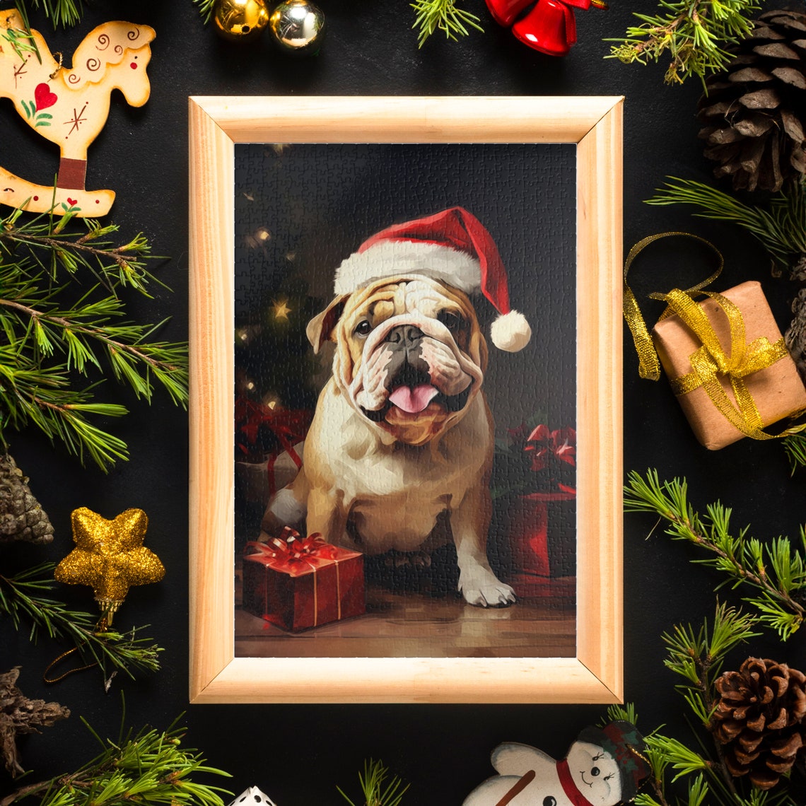 Bulldog Santa Hat Christmas Gifts Holiday Jigsaw Puzzle Funny Poster