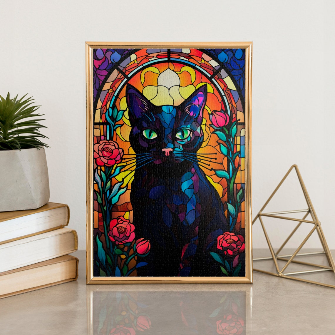 Stained Glass Black Cat Roses Gothic Window Jigsaw Puzzle Art Poster
