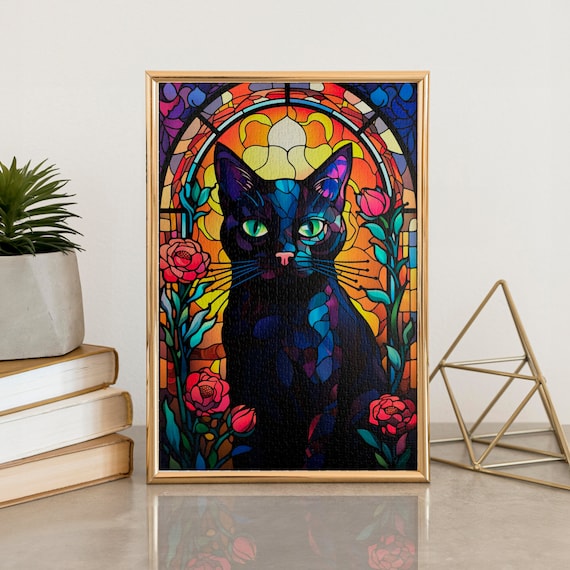 Stained Glass Black Cat Roses Gothic Window Jigsaw Puzzle Art Poster