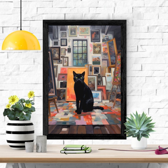 Vintage Black Cat Watercolor-Style Poster Print