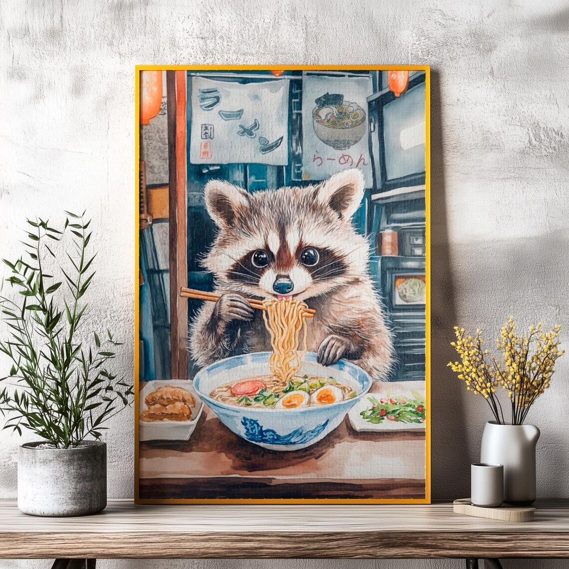 Hungry Raccoon Eating Ramen Noodles at a Japanese Shop Poster