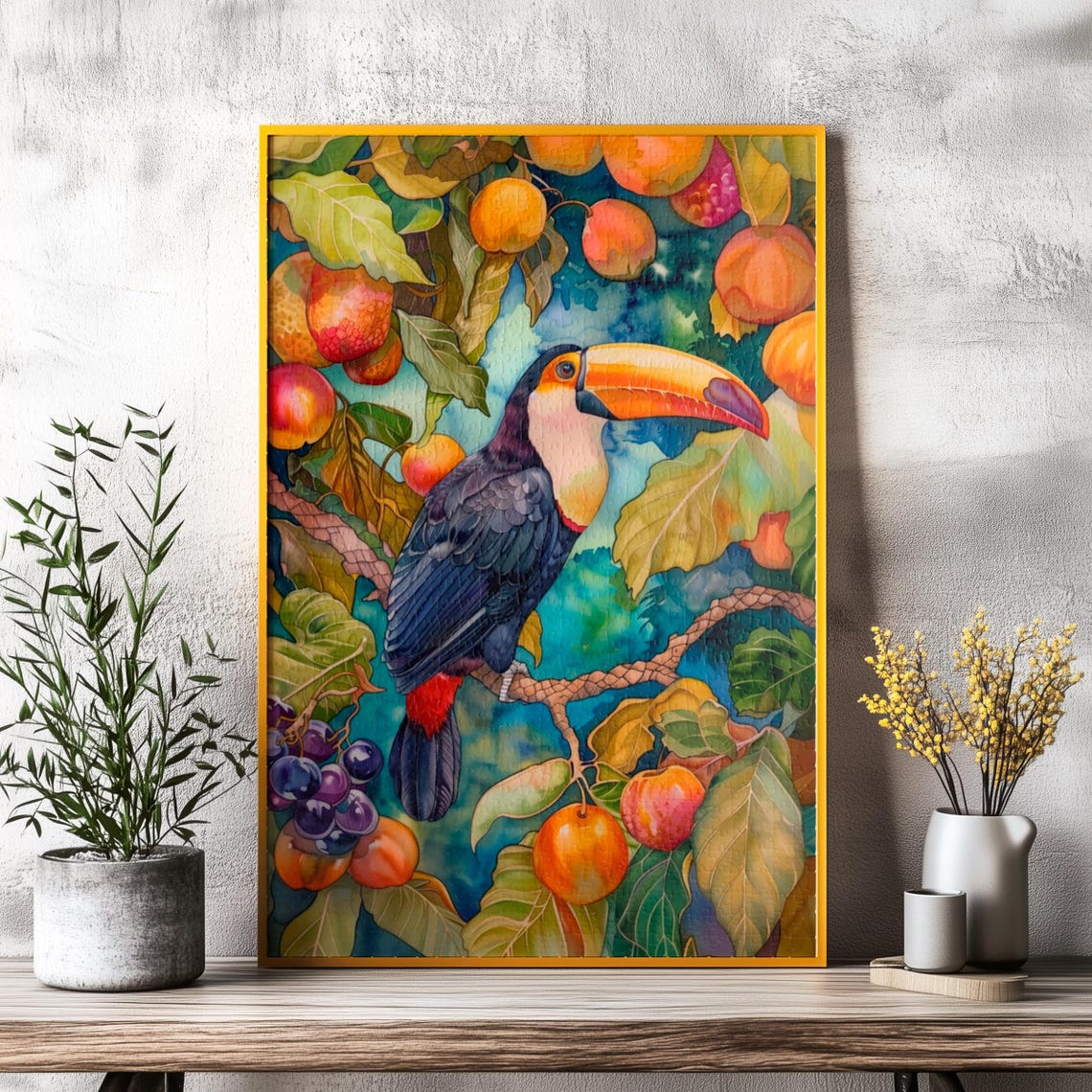 Vibrant Toco Toucan Among Tropical Fruit Watercolor Art Print