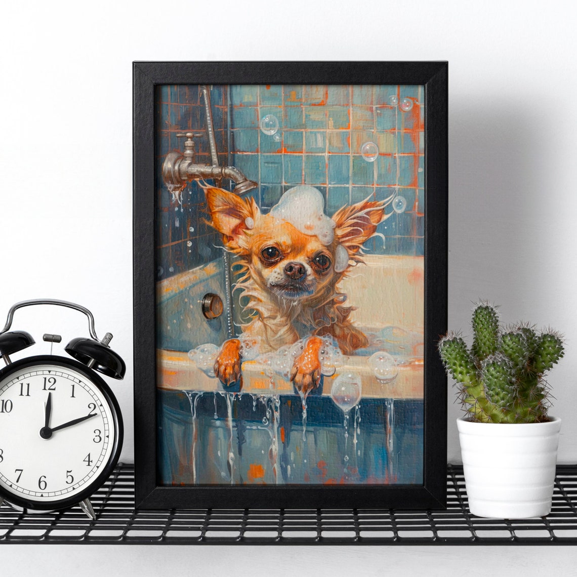 Chihuahua Puppy Taking a Bubble Bath in a Vintage Bathroom Poster