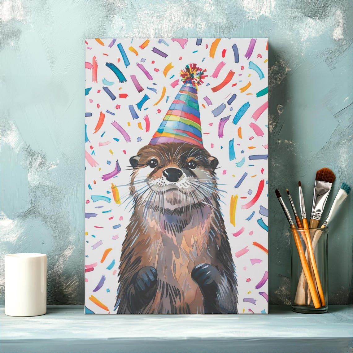 Happy Otter Wearing a Striped Party Hat With Confetti Poster