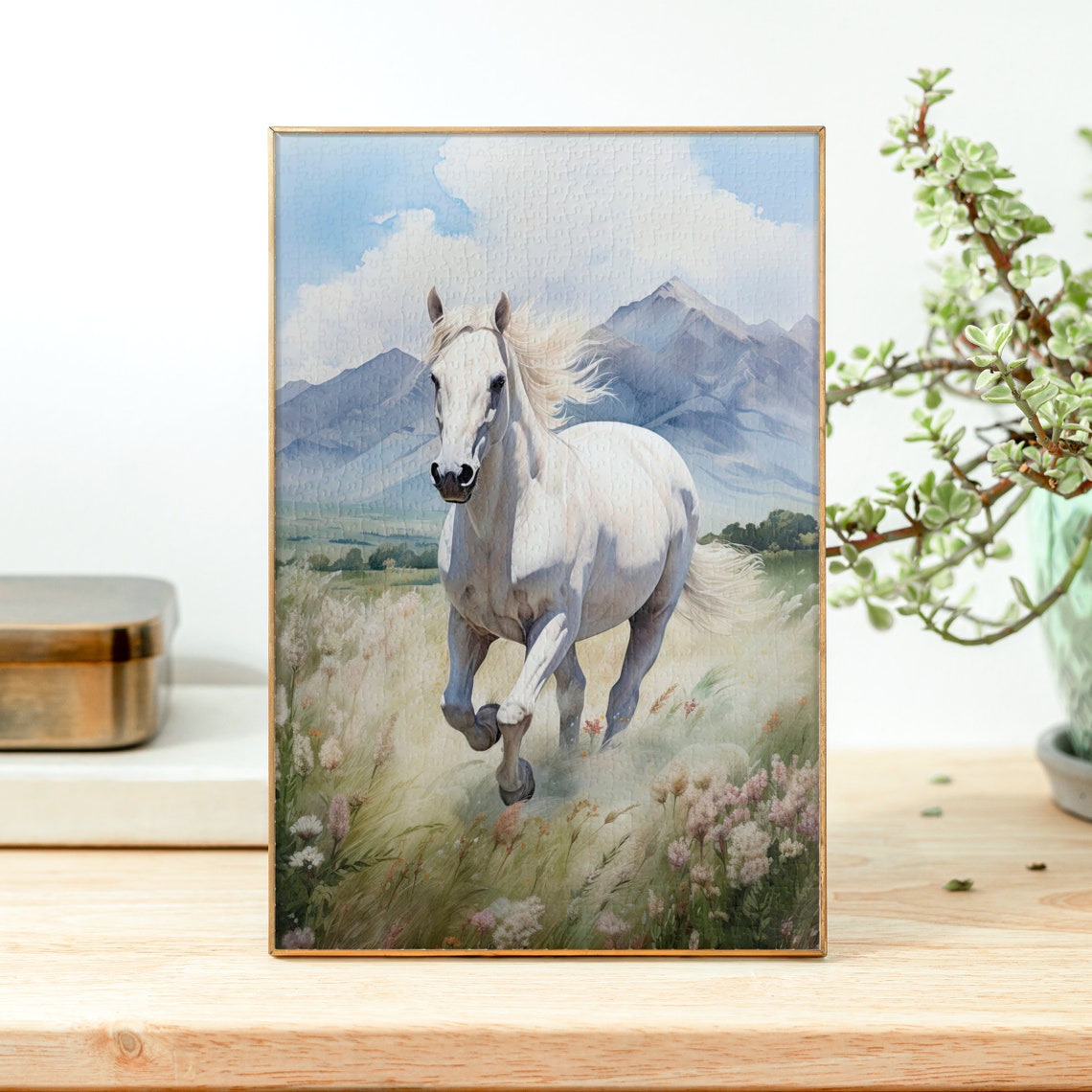White Horse Galloping Through a Flowered Mountain Meadow Poster