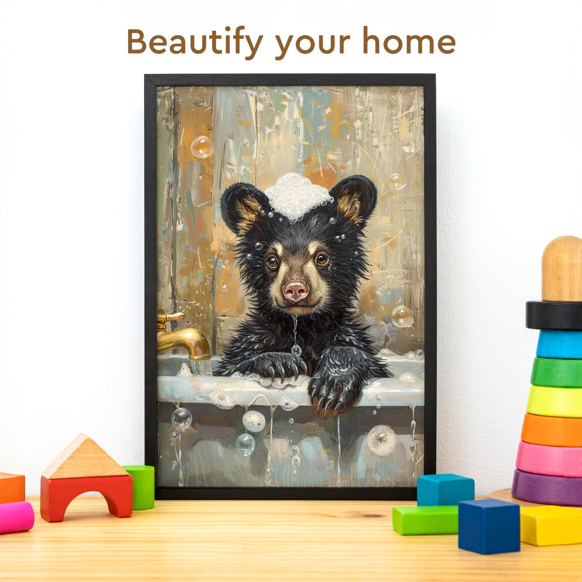 Bathtub Bubble Bath Bear Art Print, Vintage Bath Decor - Image 3