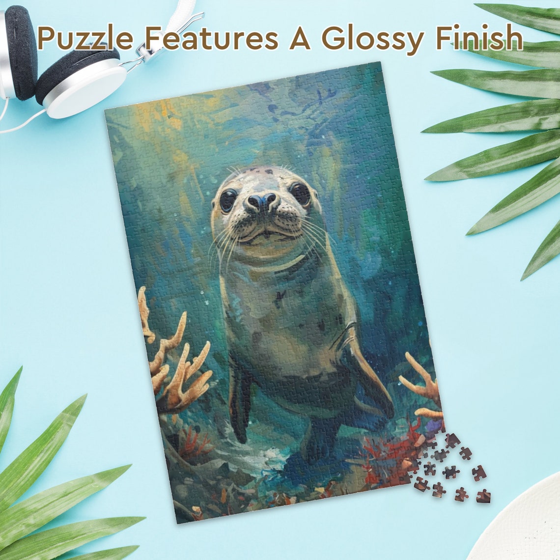 Smiling Baby Seal Pup Swimming in Teal Underwater Art Poster - Image 3