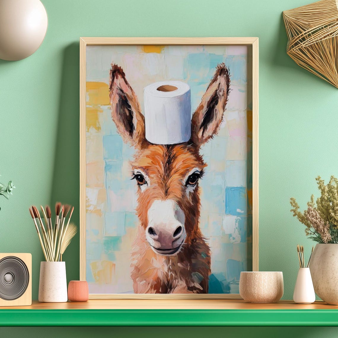 Funny Donkey Portrait Balancing a Toilet Paper Roll on Head Poster