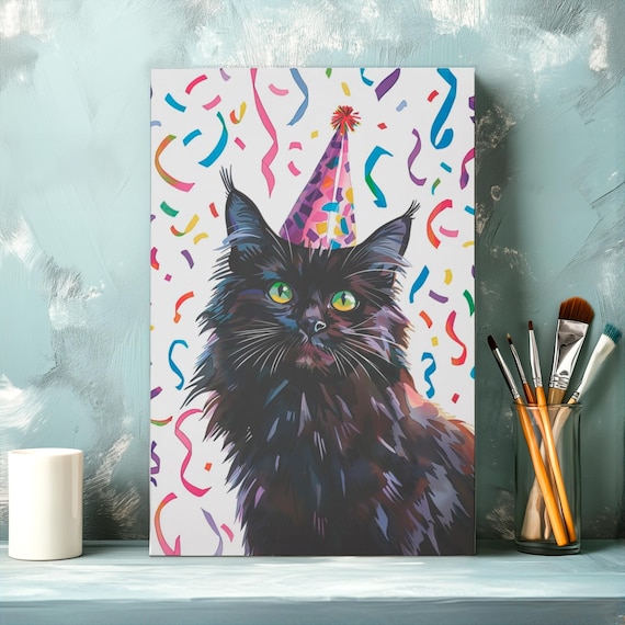 Fluffy Black Cat Wearing Pink Birthday Party Hat Amid Falling Confetti Portrait Poster
