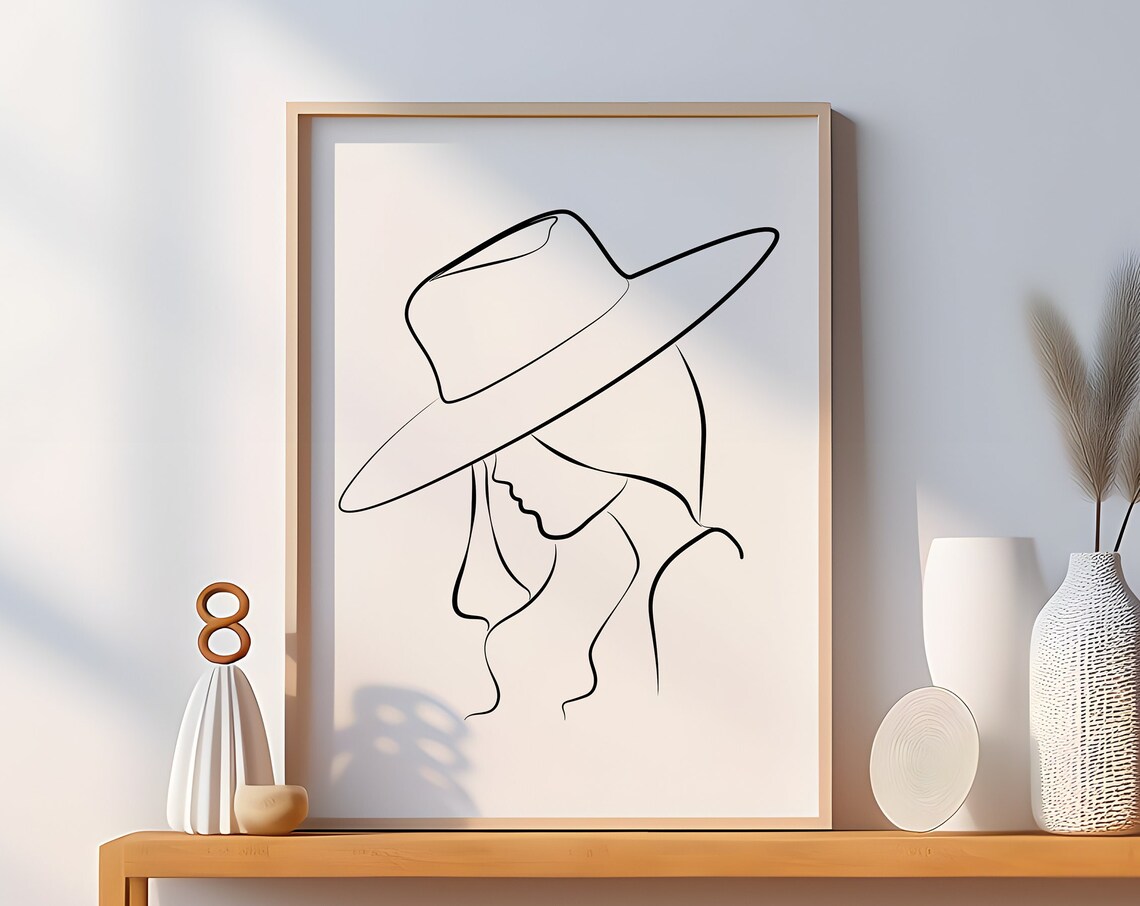 Cowgirl Hat Woman One Line Drawing Minimalist Western Face Art Poster