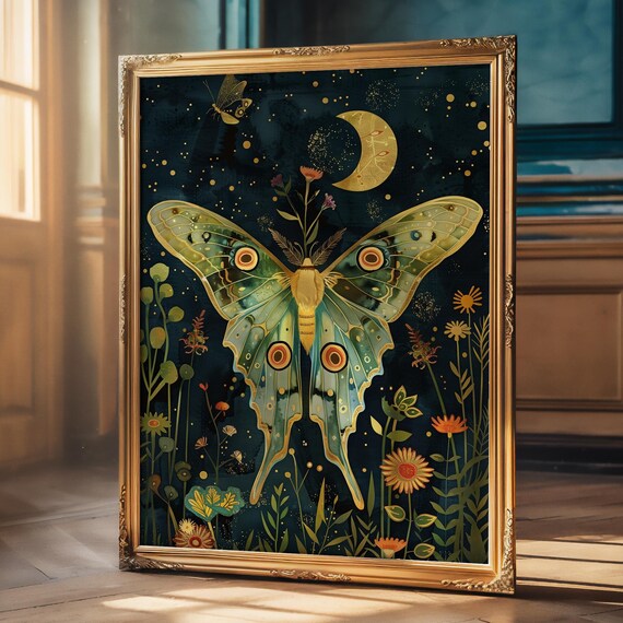 Lunar Moth Cottagecore Crescent Moon Floral Poster