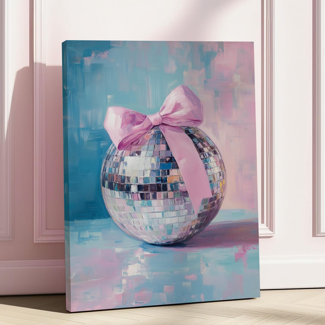 Disco Ball With Pink Bow Teal Glam Oil Painting Wall Art Poster