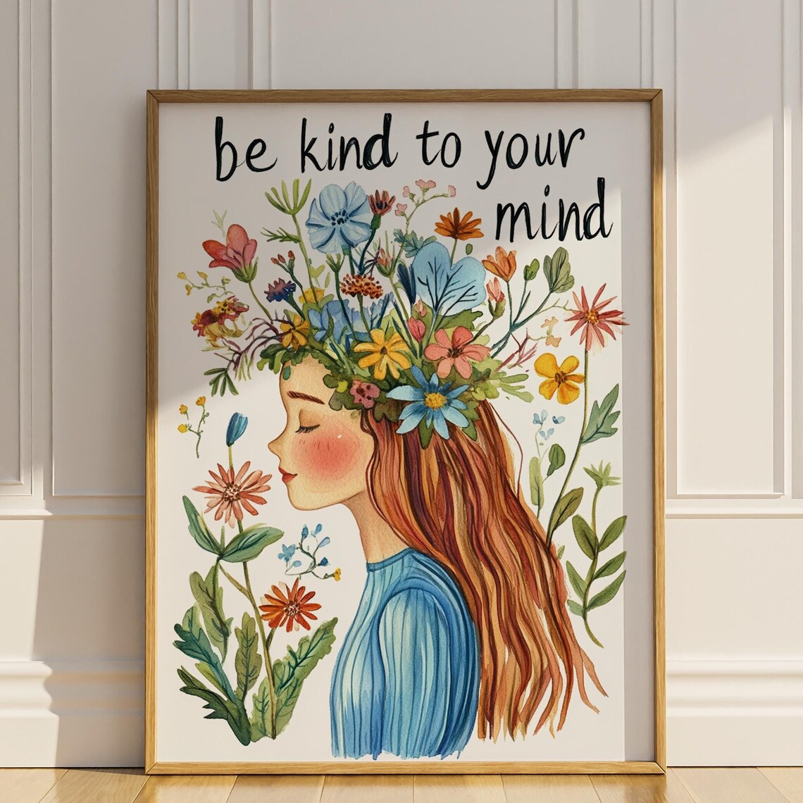 Be Kind to Your Mind Girl Wildflower Watercolor Affirmation Art Poster