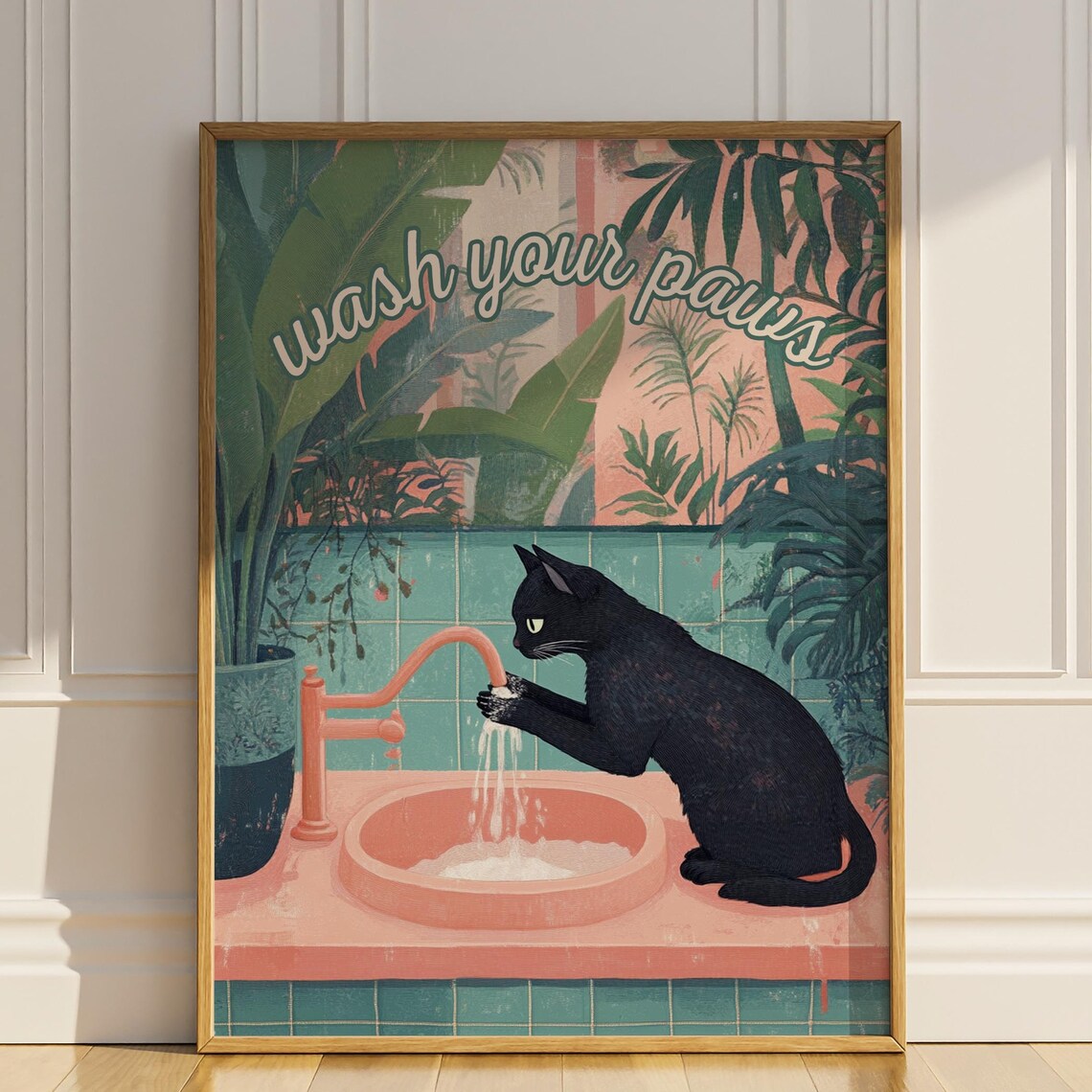 Wash Your Paws Black Cat Bathroom Poster