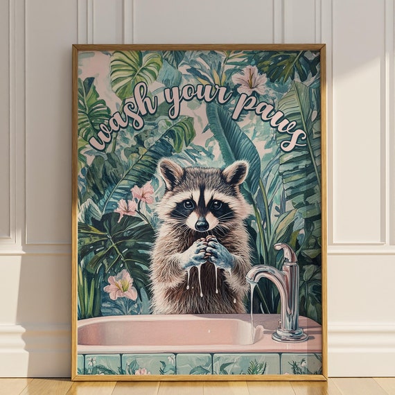Wash Your Paws Raccoon Bathroom Wall Decor Funny Raccoon Wall Art Tropical Plant Botanical Toilet Sign Poster