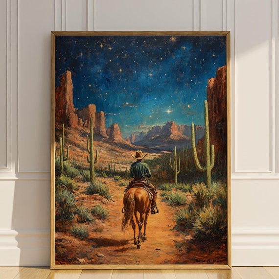 Cowboy Riding Horse In Canyon Landscape Celestial Wall Art Cactus Wall Decor Art Deco Oil Painting Western Poster