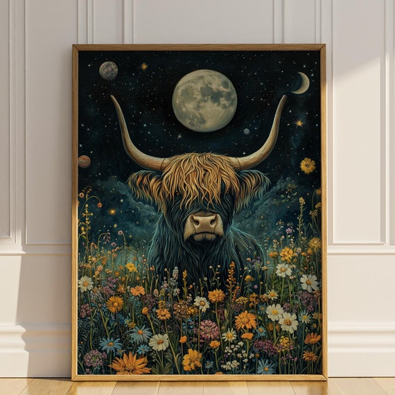 Highland Cow Wildflowers Poster Print Celestial Wall Art Western Wall Decor Floral Dark Moody Oil Painting Farm Animal Gift Matte Poster