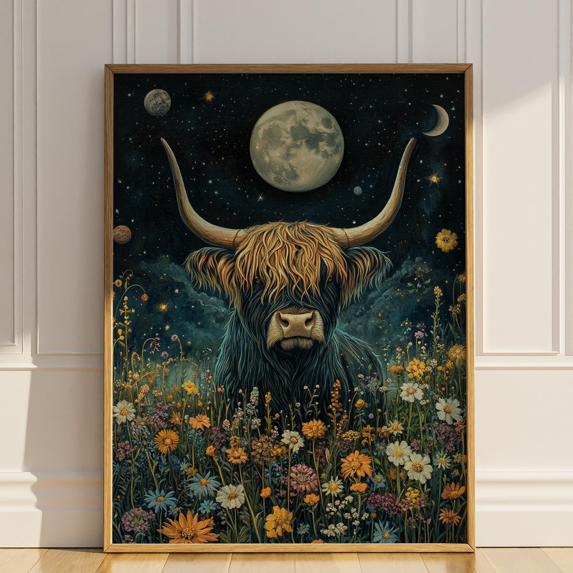 Highland Cow Wildflowers Poster Print Celestial Wall Art Western Wall Decor Floral Dark Moody Oil Painting Farm Animal Gift Matte Poster