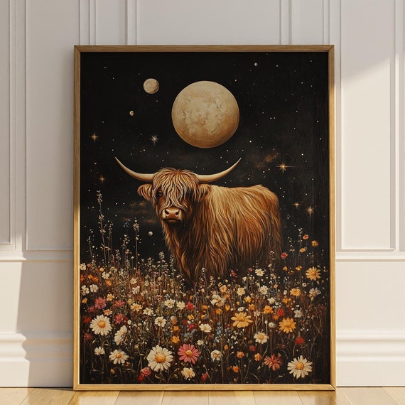Celestial Highland Cow Wildflowers Wall Art Full Moon Floral Artdeco Oil Painting Home Wall Decor Gift Poster
