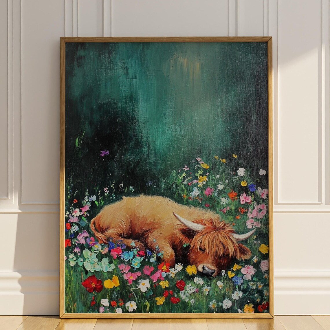 Sleeping Highland Cow Wildflower Meadow Cute Farm Oil Poster