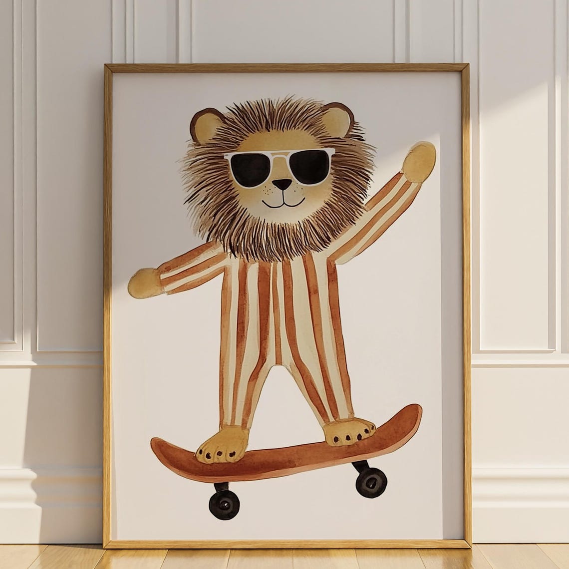 Lion Skateboard Wall Art Funny Cute Kids Boys Room Skater Lion Playful Nursery Decor Watercolor Painting Print Animal