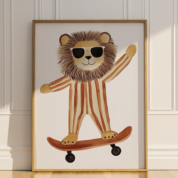 Lion Wearing Sunglasses Riding Skateboard Watercolor Kids Room Poster