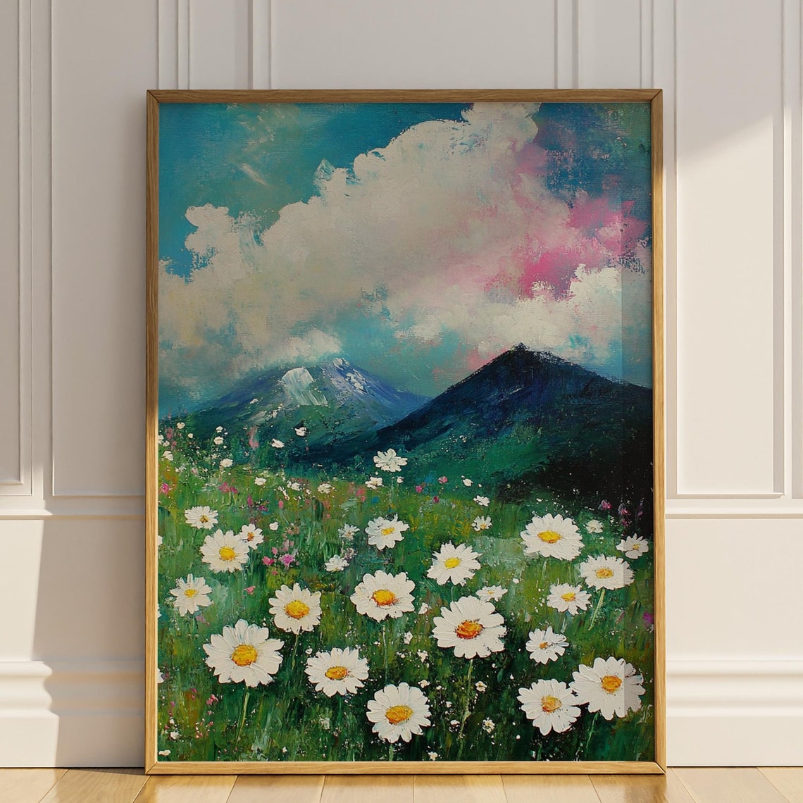 Daisy Meadow Mountain Landscape Pink Clouds Vintage Oil Poster