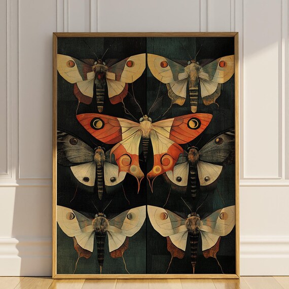 Dark Academia Moth Mushroom Botanical Chart Vintage Floral Poster