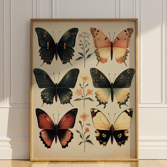 Butterfly Wildflower Poster Print Vintage Floral Wall Decor Artful Trendy Modern Artwork Birth Flower Butterflies Wall Art Matte Poster