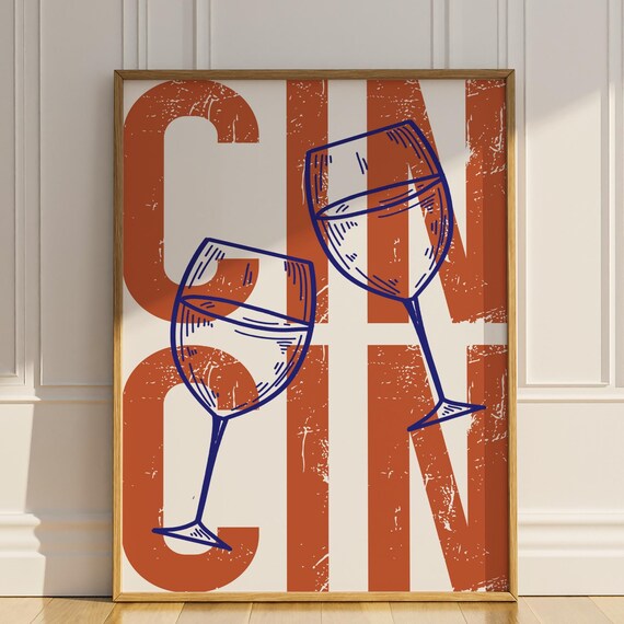 Clink Retro Typography with Blue Wine Glasses Toast Bar Art Poster