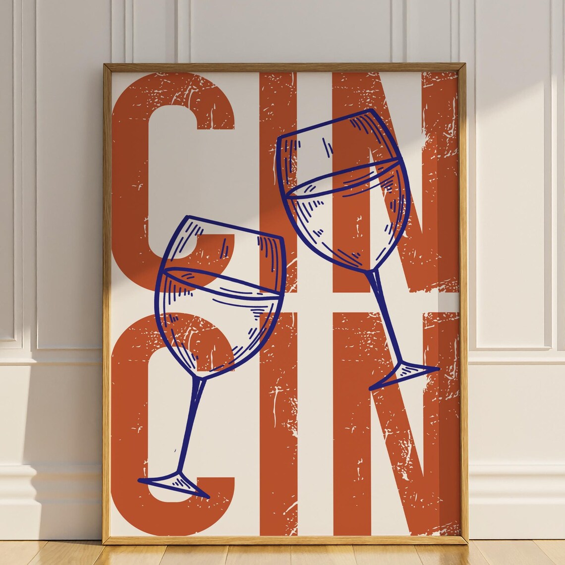 Clink Retro Typography with Blue Wine Glasses Toast Bar Art Poster