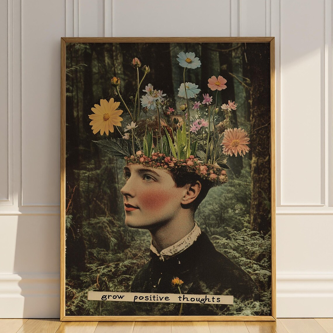 Grow Positive Thoughts Vintage Woman Floral Mind Collage Poster