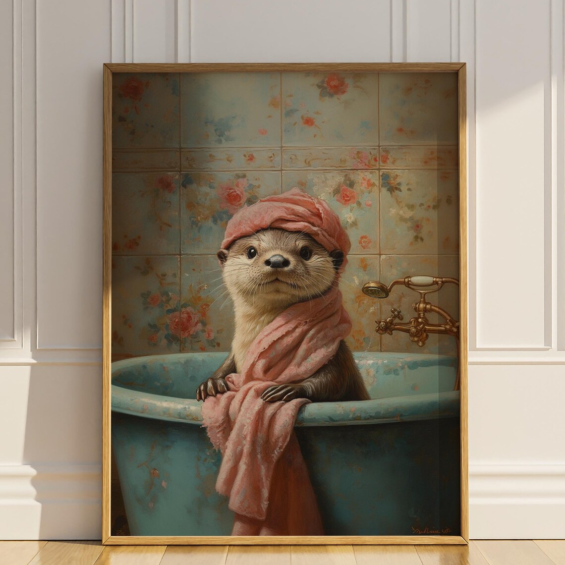 Otter In Bathtub Vintage Floral Oil Painting