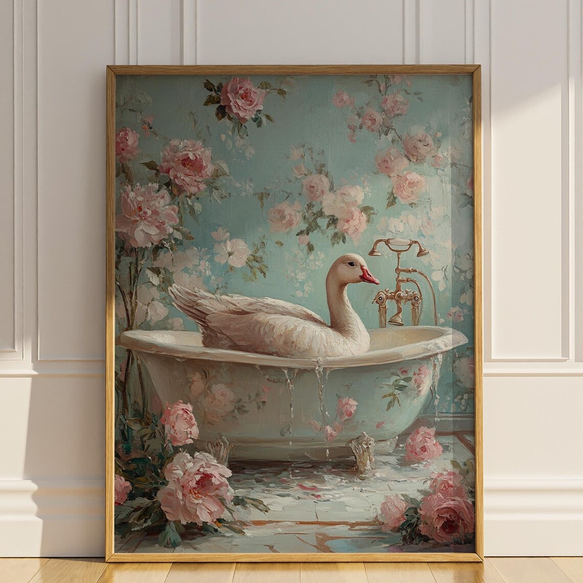 White Goose in Overflowing Clawfoot Bathtub Roses Art Poster