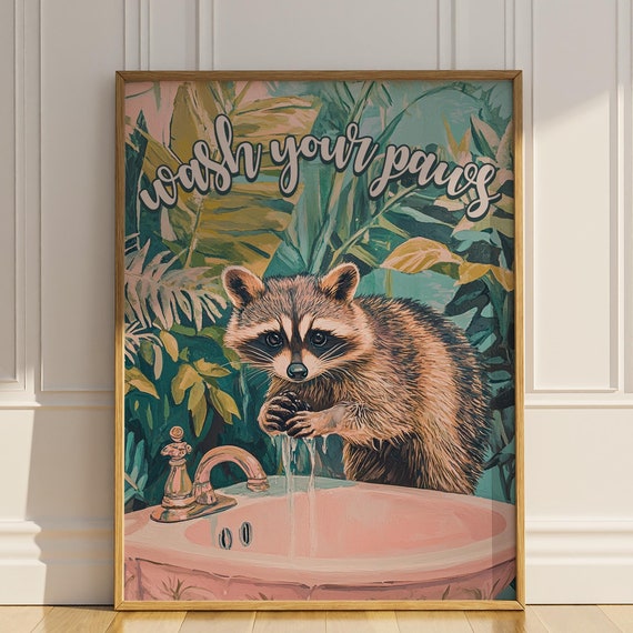 Raccoon Wash Your Paws Bathroom Poster Print Funny Wall Decor Vintage Houseplants Botanical Restroom Toilet Wall Art Sign Matte Poster