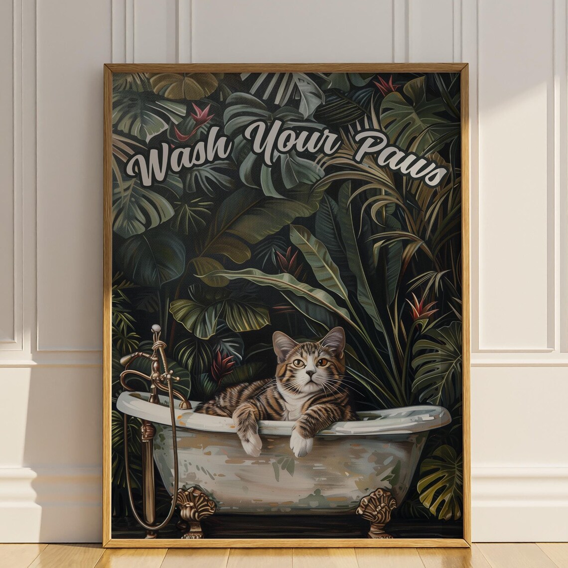 Wash Your Paws Cat in Bathtub Tropical Leaf Bathroom Wall Art