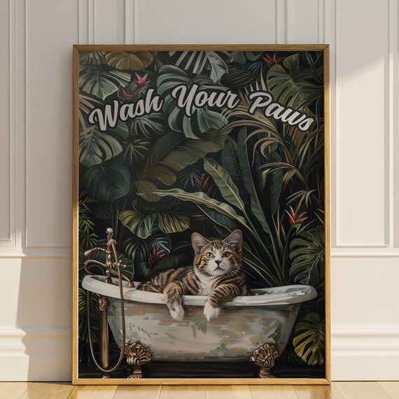 Wash Your Paws Cat in Bathtub Tropical Leaf Bathroom Wall Art
