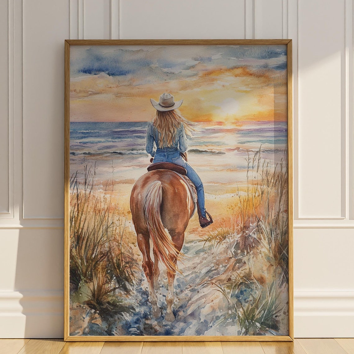Cowgirl Poster Print Wall Art Coastal Horse Riding Beach Wall Decor Watercolor Painting Preppy Room Neutral Western Cowboy Matte Poster