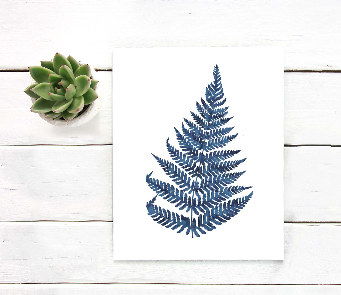 Indigo Blue Fern Leaf Watercolor Botanical Single Frond Print