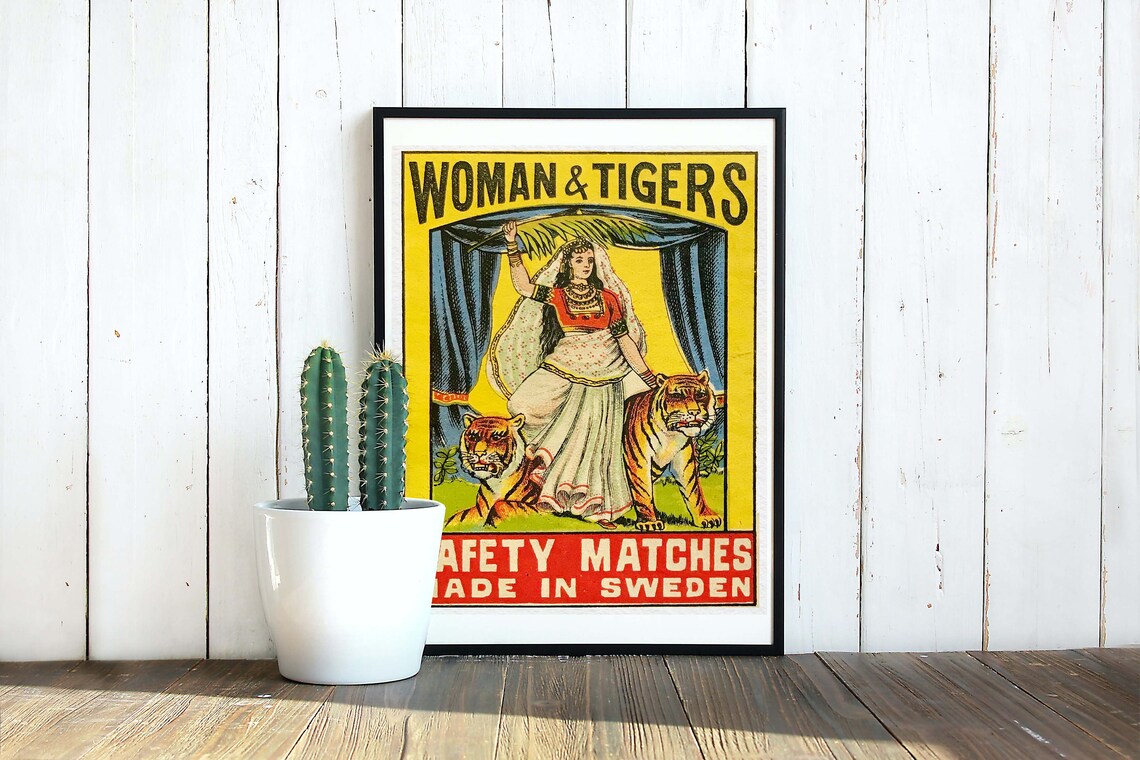 Vintage Indian Matchbox Woman and Tiger Art Print
