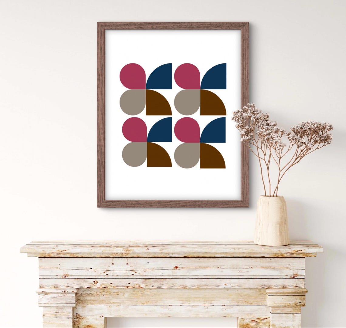 Mid Century Geometric Quarter Circle Red Navy Pattern Wall Poster - Image 2
